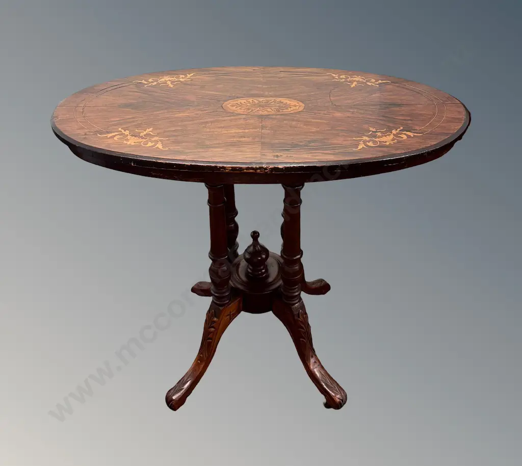 Mahogany with Fruitwood Inlay Oval Occasional Table on 4 Point Pedestal Base, H70xW85xD51cm Image 1++