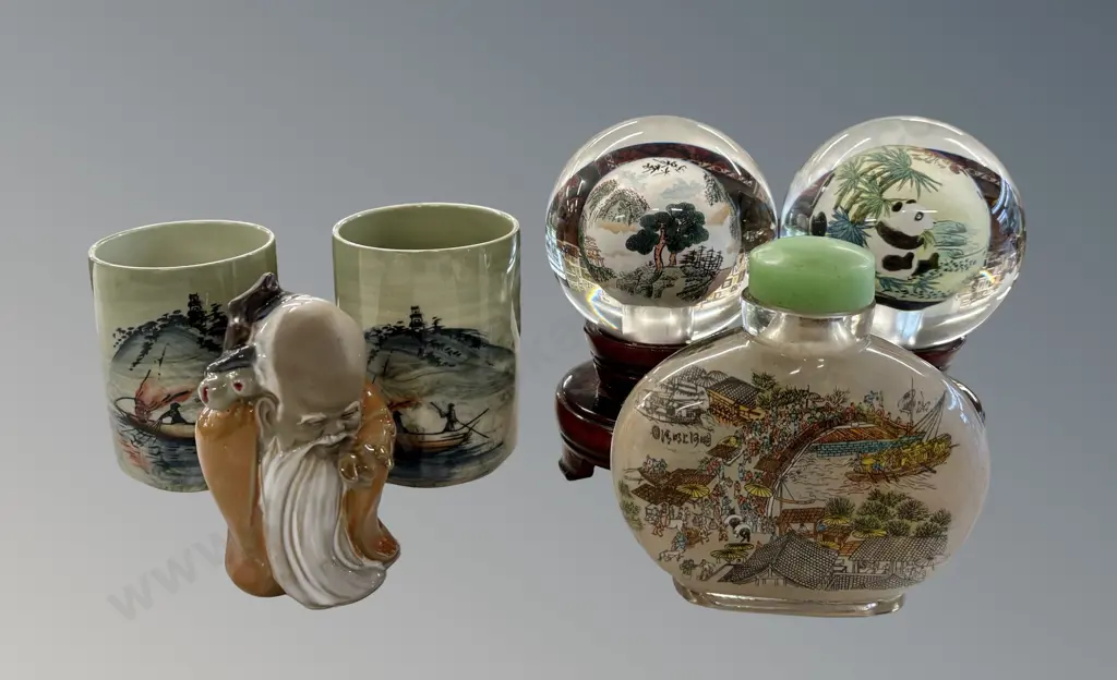 Chinese Glass Balls on Stands, Large Glass Snuff Bottle with Painted Interior, Two Sake Cups & Figure Image 1++