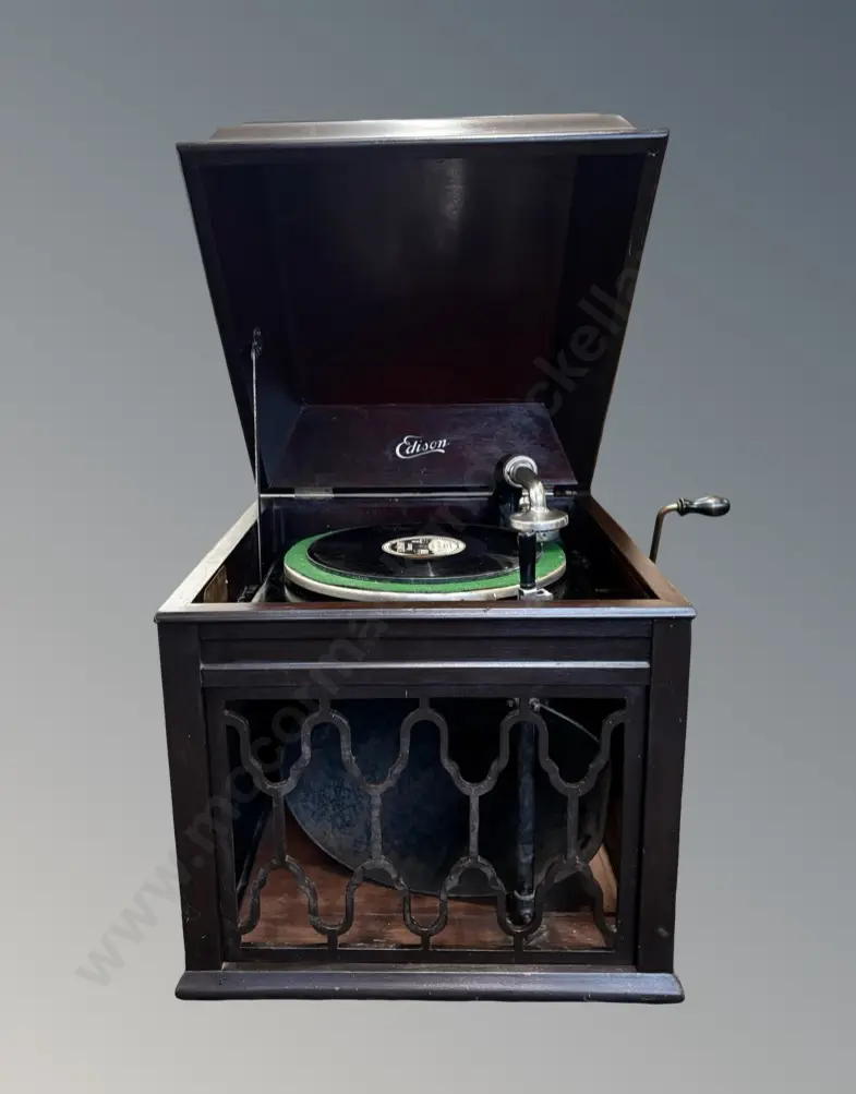 Mahogany Cased Edison Diamond Disc Phonograph H49cm Image 1++