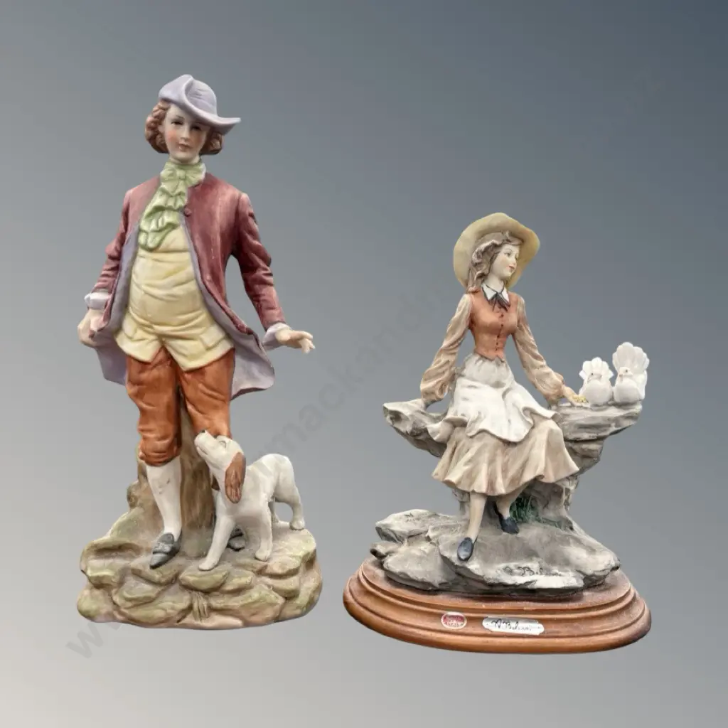 Italian Porcelain Figurine Woman with Flowers signed A Belcare & Porcelain Figure, Man with Dog Image 1++