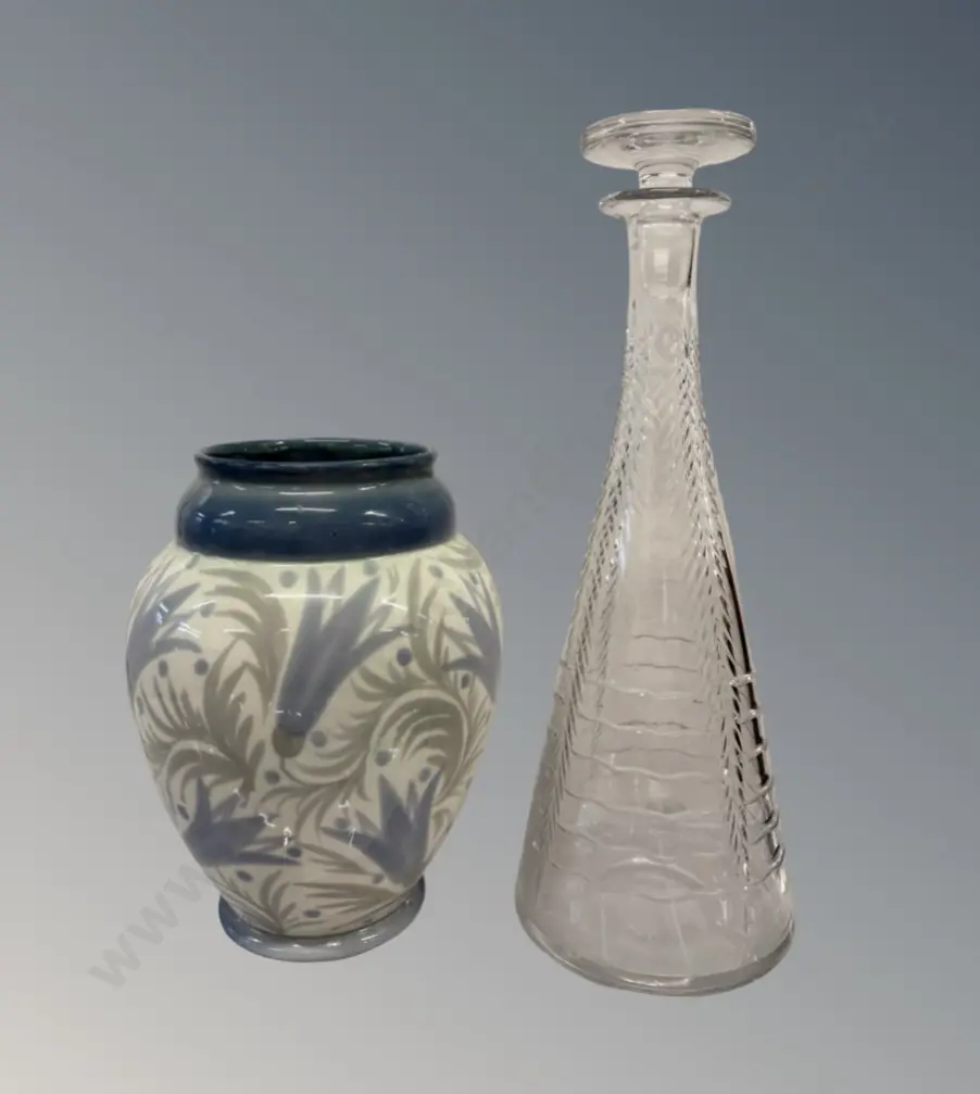 Webb Corbett Cut Glass Conical Decanter H30cm and  Burslem Blue and Grey Floral Design Vase, H19cm Image 1++