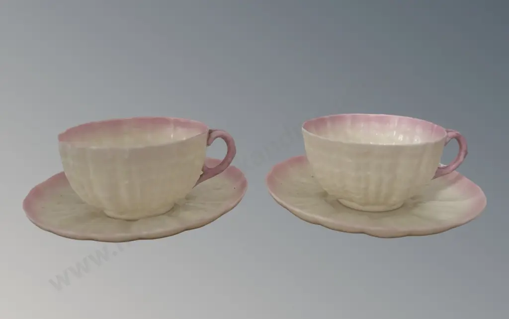 Pair of Belleek Porcelain Cups and Saucers with Pink Trim - Black backstamp Image 1++