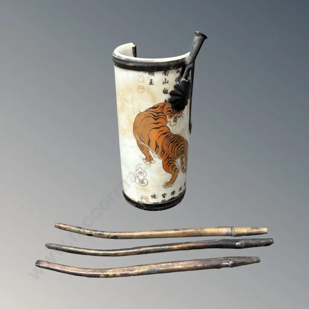 Chinese Porcelain Jar with Tiger Motifs, Containing Opium Pipes, H12cm, AF Image 1++