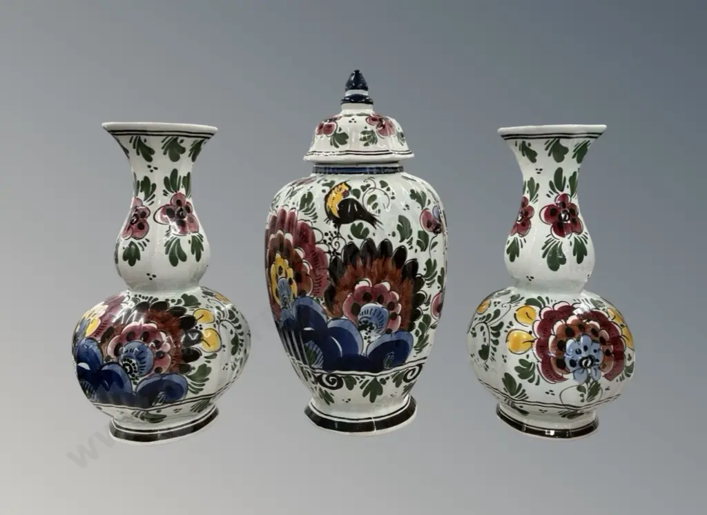 Dutch Handpainted Pair of Vases, H27cm and Lidded Urn, H35cm Image 1++