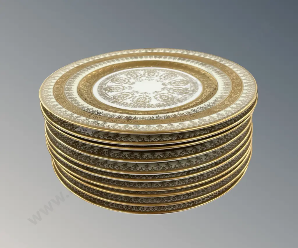 Set of 10 Eschenbach German Porcelain Plates White with Gold Embossed Rims, Fleur de Lis Pattern Image 1++