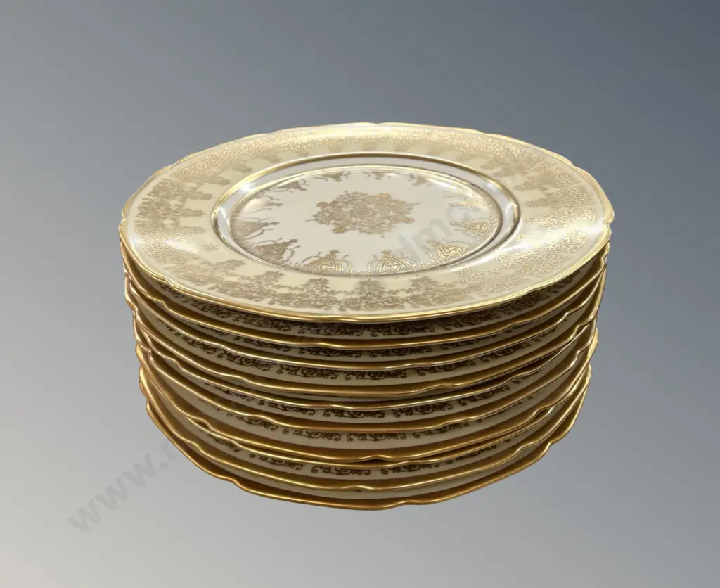 Set of 10 Heinrich & Co German Porcelain White and Gold Embossed Plates, Floral Pattern Image 1++