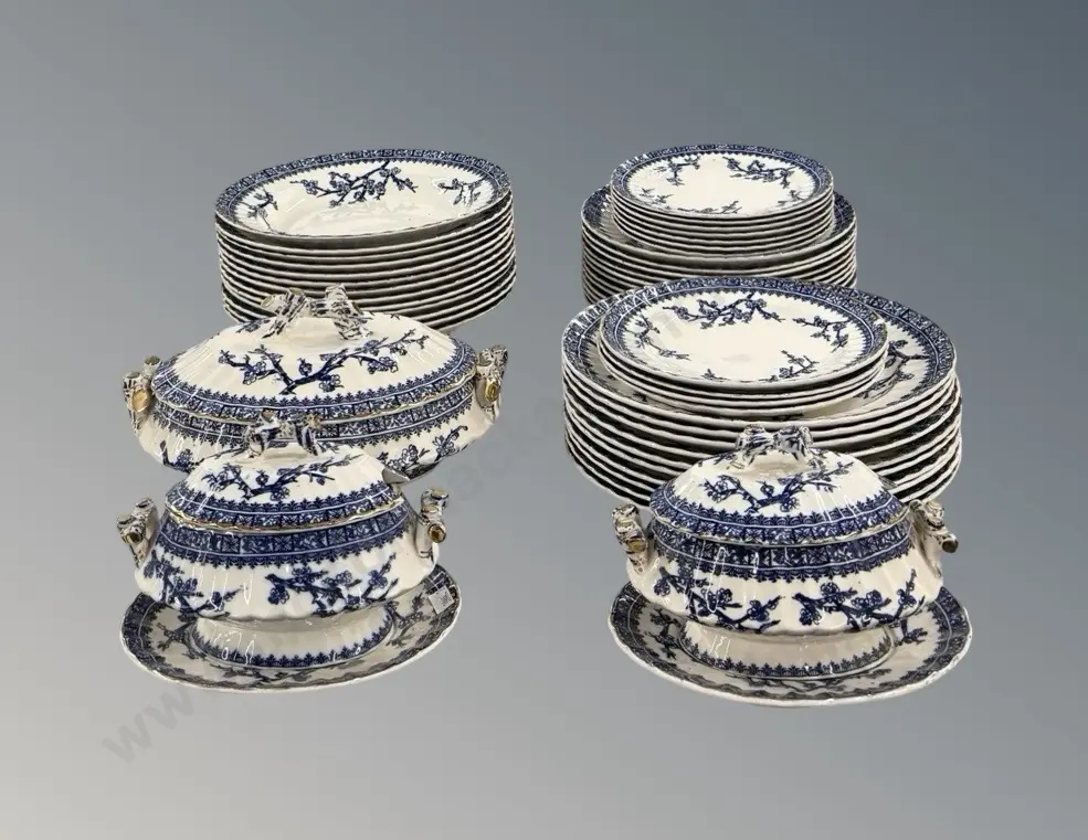 Thorn & Co Blue & White with Gilt Edge Part Dinner Set, Entree Dish, Sauce Boats, Dinner Plates, Side Plates - 53 Pieces Image 1++