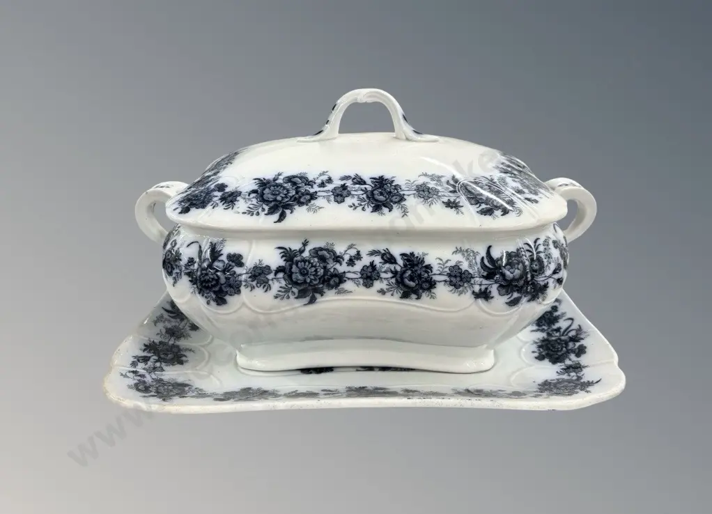 Large Blue and White 2 Handled Tureen and Underplatter, H20xL34cm Image 1++