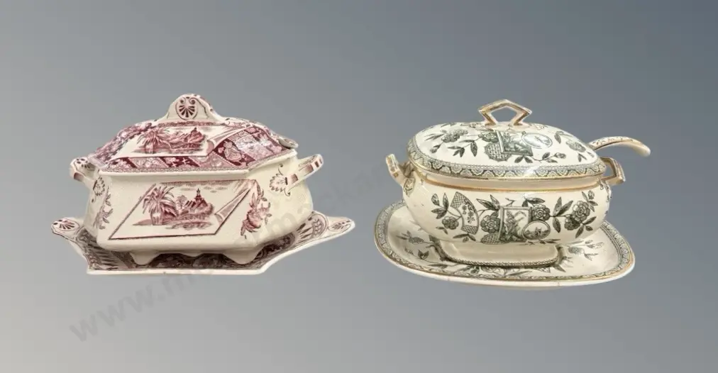 Two Sauce Boats - Hancock & Reynolds Green & White Floral with Ladle and Pink & White, Architecture & Floral Image 1++