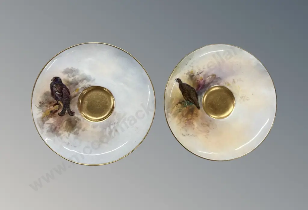 Two Royal Worcester Saucers with gilt inner featuring Blackcock, and Red Grouse, D11cm Image 1++