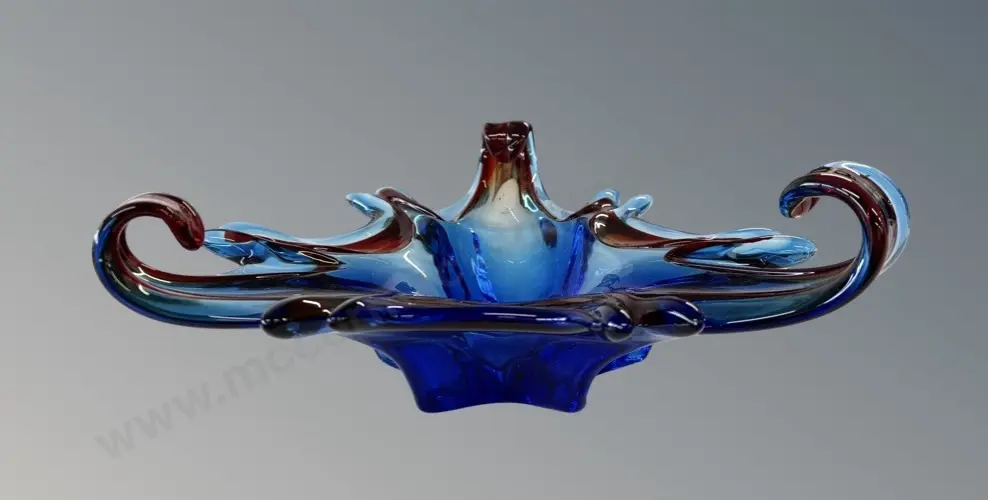 Blue and Burgundy Art Glass Bowl, Dia32cm Image 1++