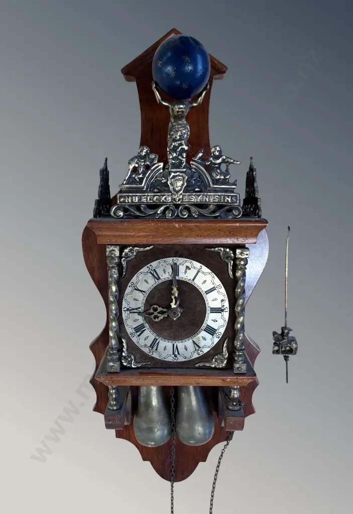 Mahogany Dutch 'Nu Elck Syn Sin' Wall Clock featuring a Brass Atlas Figure holding The World, and Brass Ornamentation Image 1++