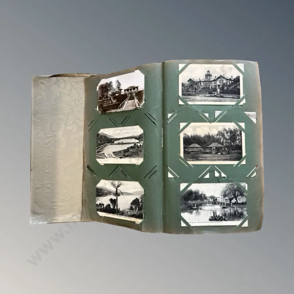 Damask Fabric Covered Postcard Album with 1,000 postcards of New Zealand etc Image 1++