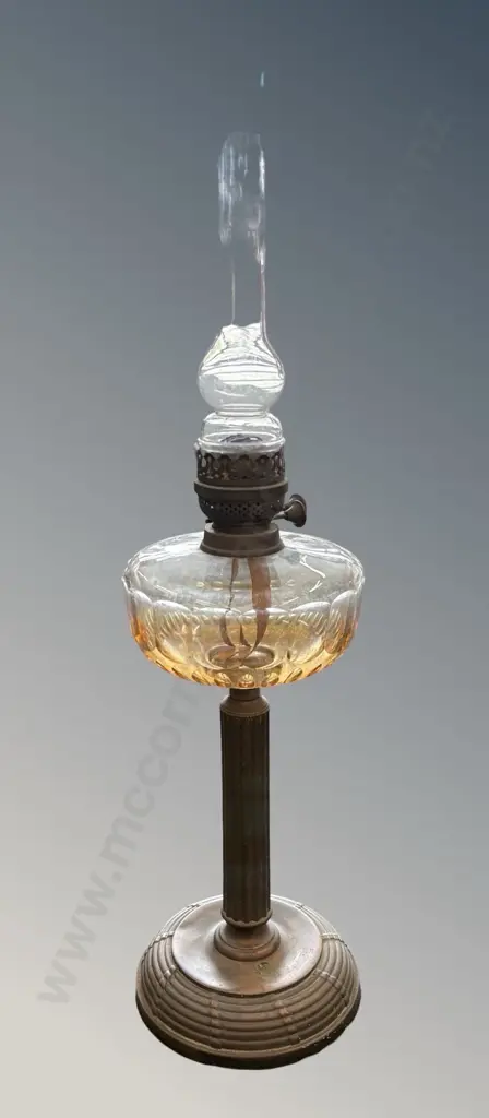 Brass Base Oil Lantern with Reeded Column and Amber Glass Lantern H75cm Image 1++