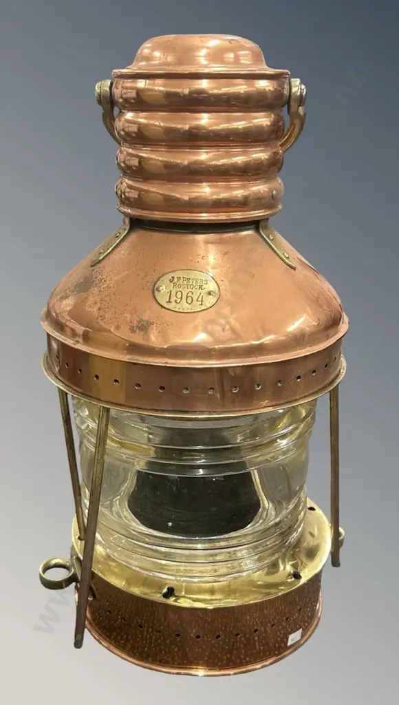 Copper and Brass Ship's Navigational Lantern, JF Peters Rostock, 1964, H53cm,  (Assembly Reqd) Image 1++