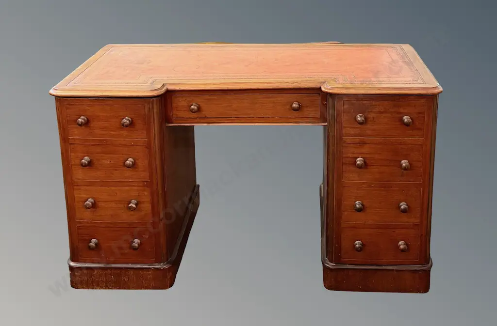 Mahogany Breakfront Desk with Leather Tooled Inlaid Top, 2 Cupboards and Single Drawer, 1 castor missing H71xL122xD53cm Image 1++