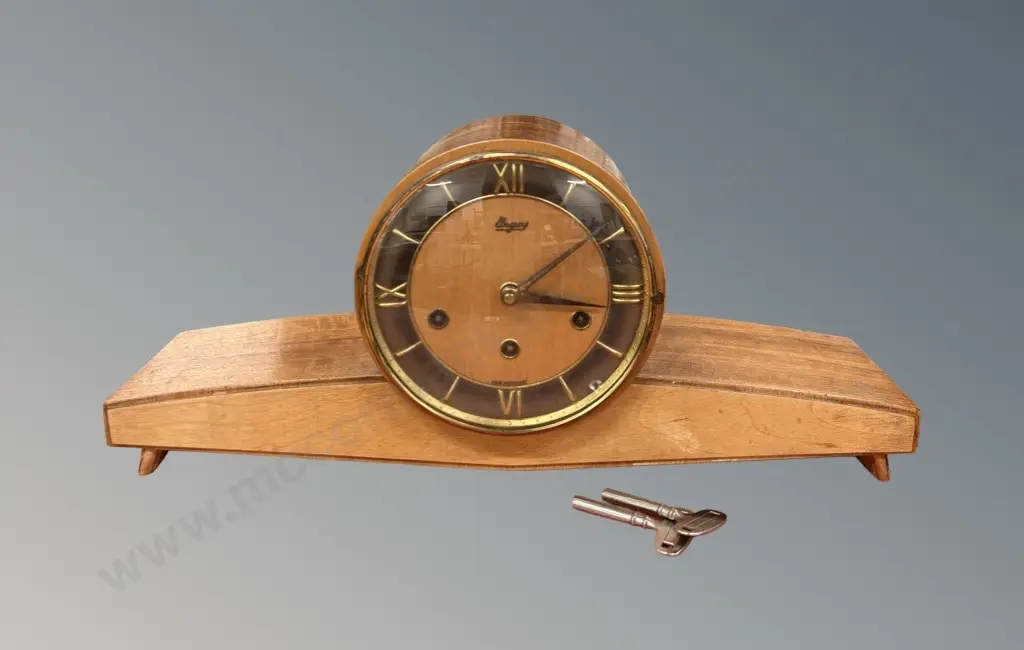 Mahogany Urgos Art Deco Mantle Clock, with keys, L50cm Image 1++