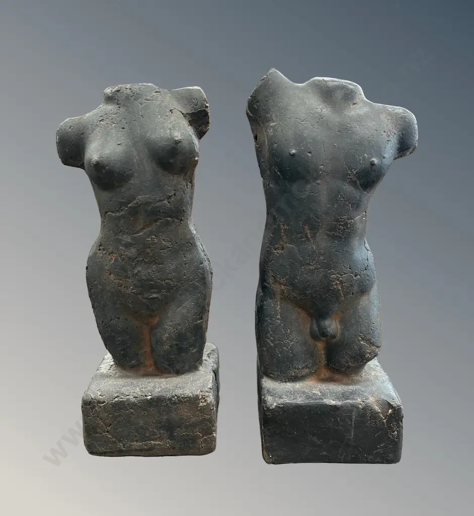 Two Dark Toned Sculptures of Female and Male Torso, H26cm Image 1++