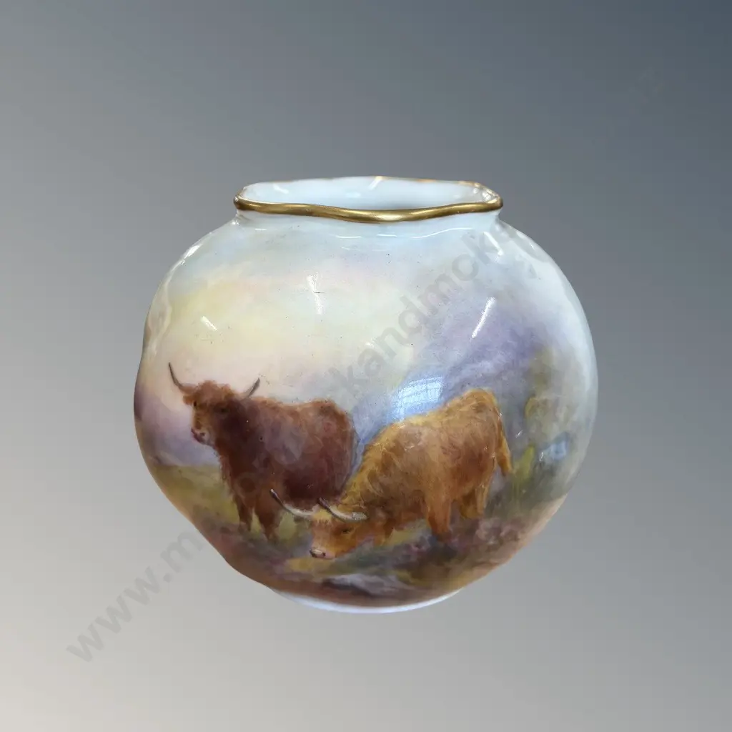 Royal Worcester - Highland Cattle, G161 Vase, signed Stinton H7cm Image 1++
