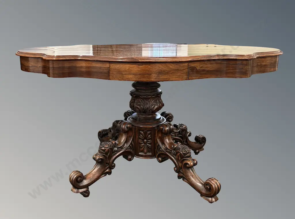 Rosewood 2 Drawer Scalloped Edged Loo Table with Ornately Carved Floral and Leaf Centre Pedestal Base, H76xL142xD96cm Image 1++