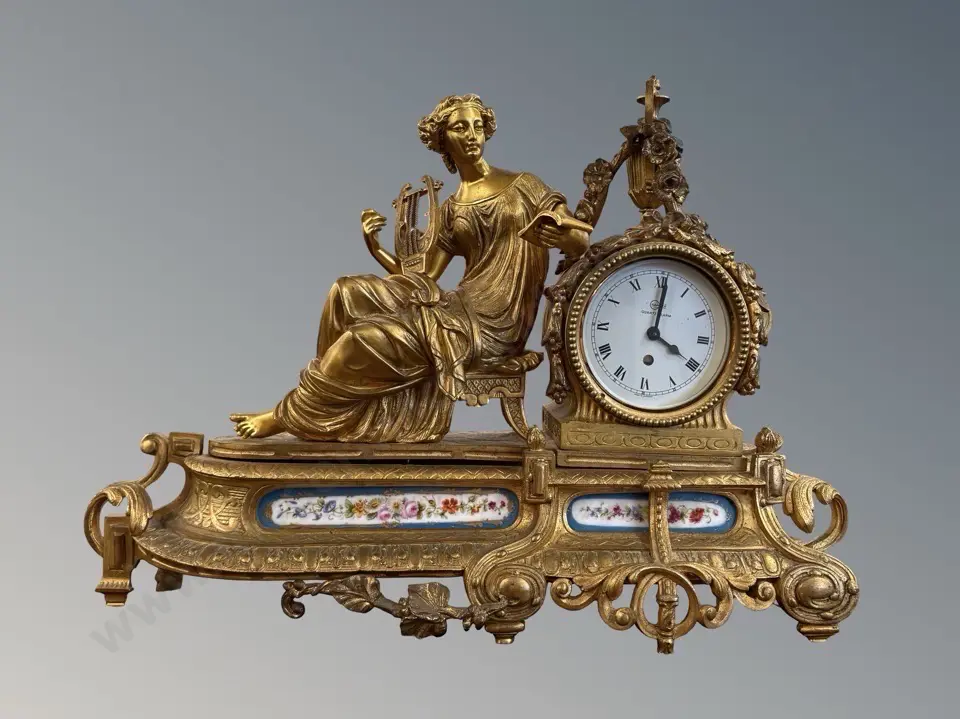 German Gilt Metal Clock with  Figurine and Enamel Floral Detailing, H30xL43cm Image 1++