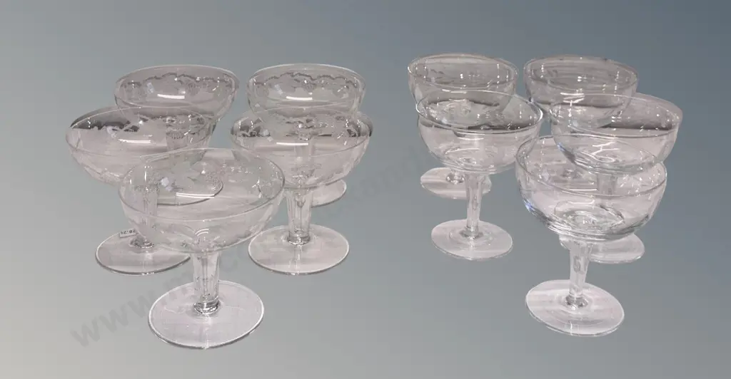 Two Sets of 5 Grape and Floral Etched Champagne Glasses Image 1++
