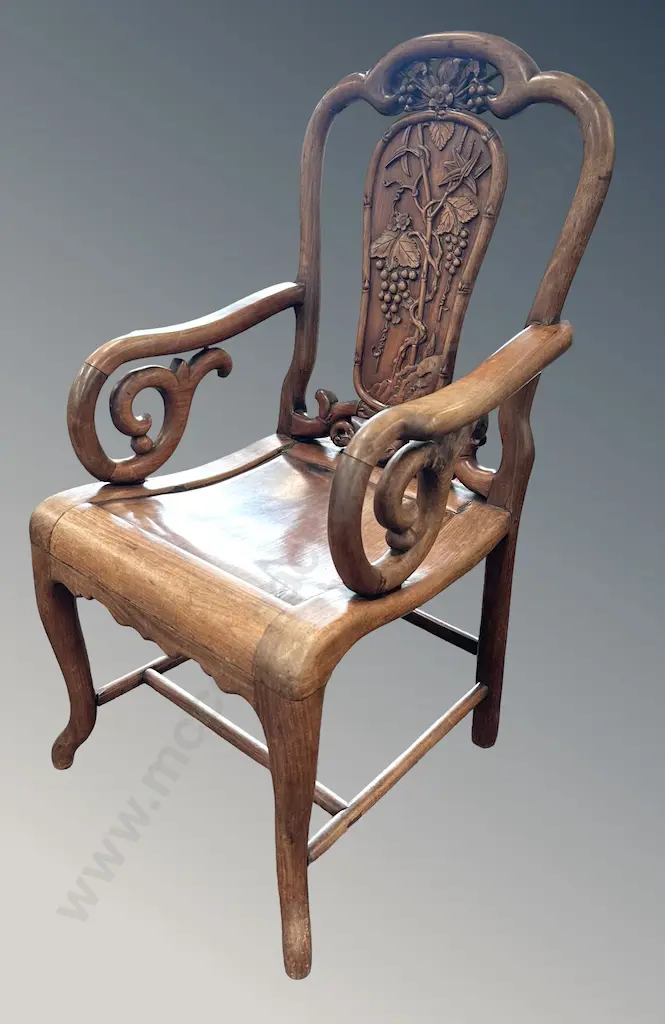 Chinese Carved Rosewood Armchair with Grapevine Relief to the back  Image 1++