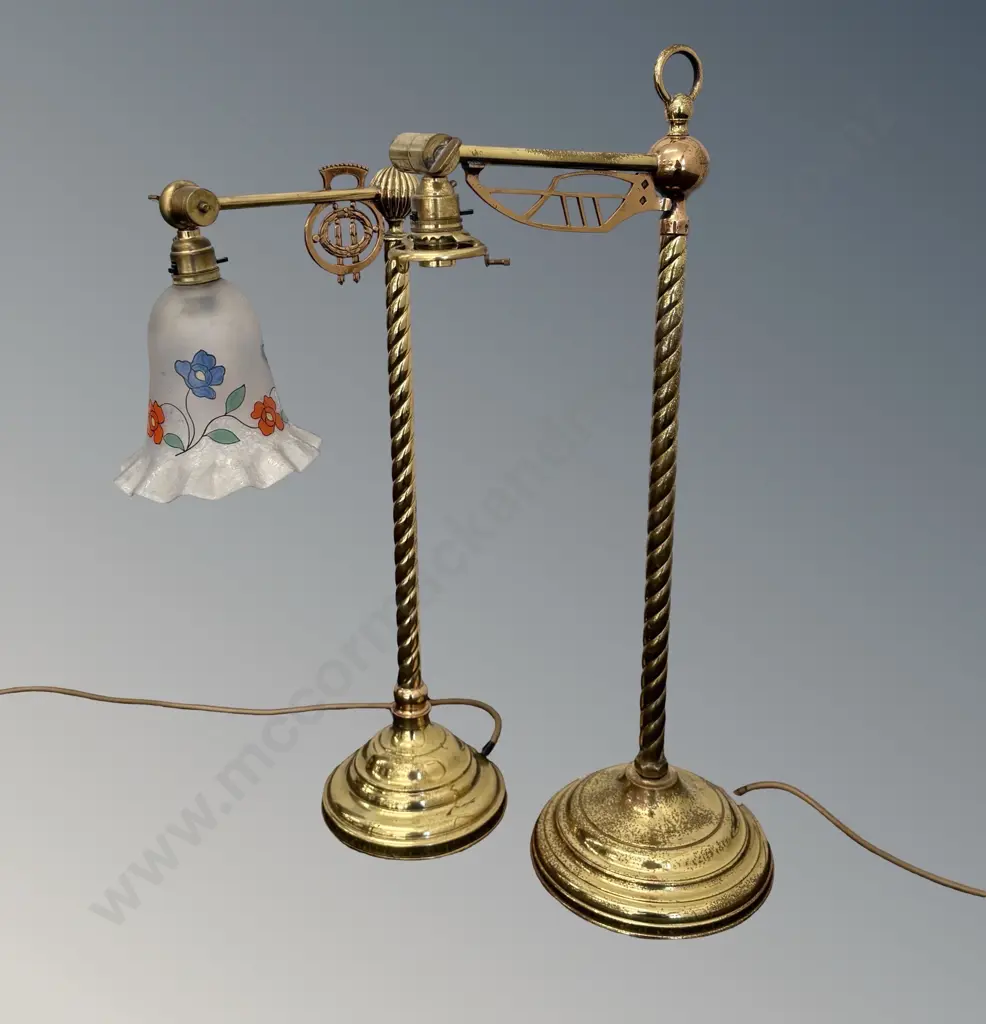 Two Brass and Copper Table Lamps with Barley Twist Base, one with Victorian Glass Shade H64cm, H55cm Image 1++