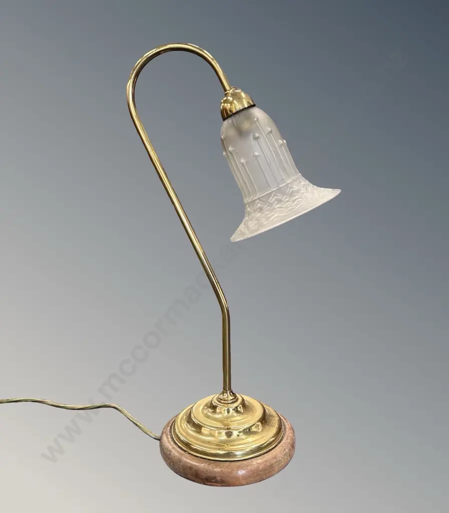 Brass and Wood Gooseneck Lamp with Frosted Glass Shade H48cm Image 1++