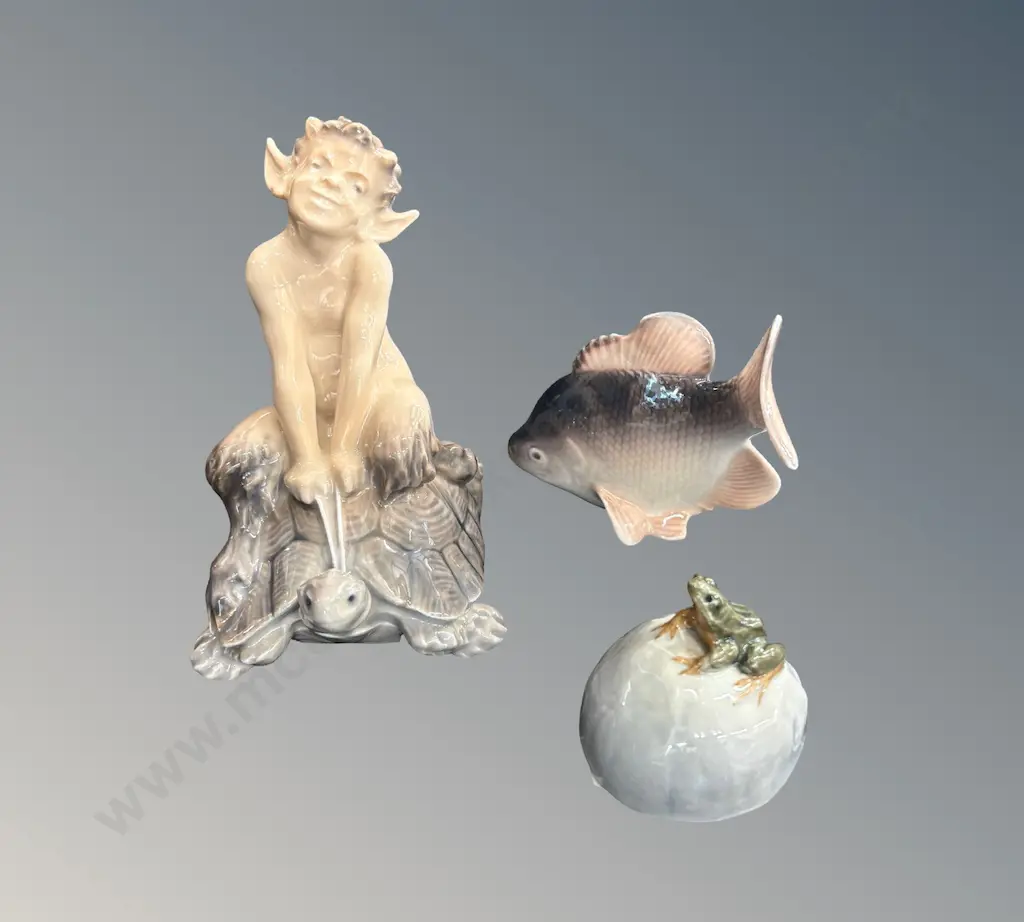 Royal Copenhagen Pan Faun Riding Tortoise, Fish and Frog on a Rock, H4.5-10cm Image 1++