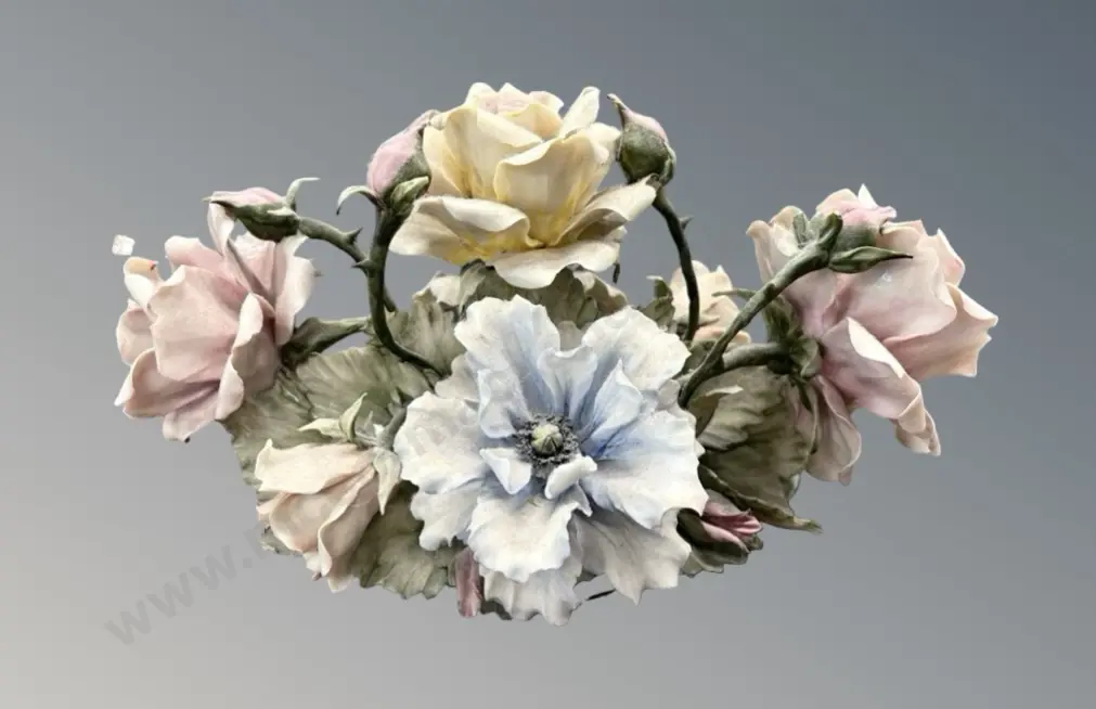 Capodimonte Porcelain Floral Centrepiece, Pink, Yellow & Blue Roses, L34xH18cm Image 1++