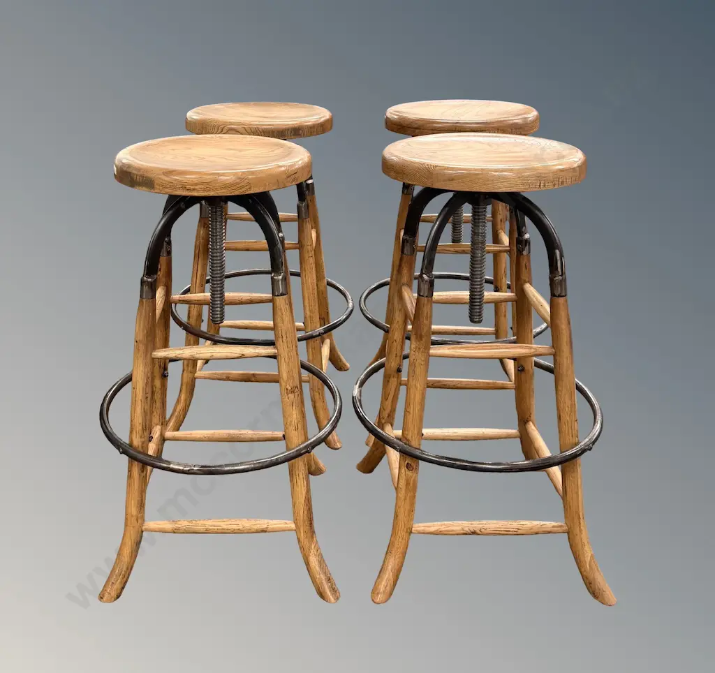 Set of 4 Oak and Cast Iron Industrial Style Swivel Bar Stools with Windable Adjustable Height, H70cm (lowest) Image 1++