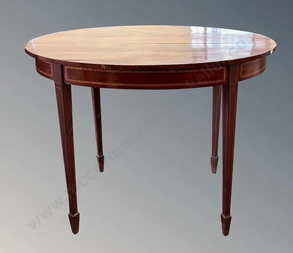 Mahogany with Fruitwood and Ebony Inlay Oval Tea Table on Tapered Legs, H71xL96xD64cm, AF top Image 1++