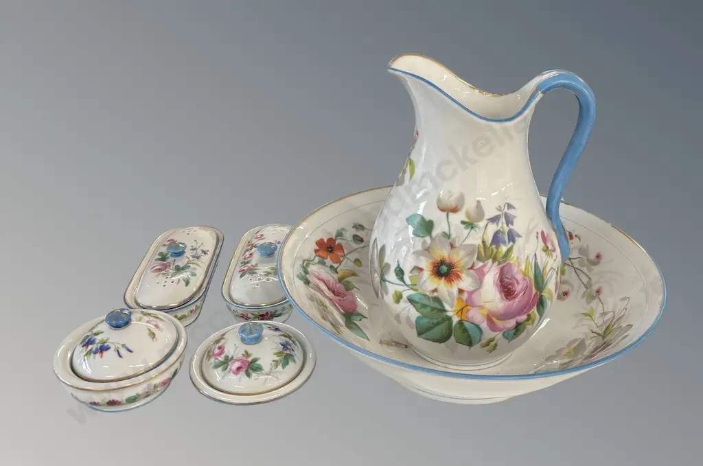 Victorian Floral Basin, Pitcher and Soap Dishes (chips to base) H35cm Image 1++