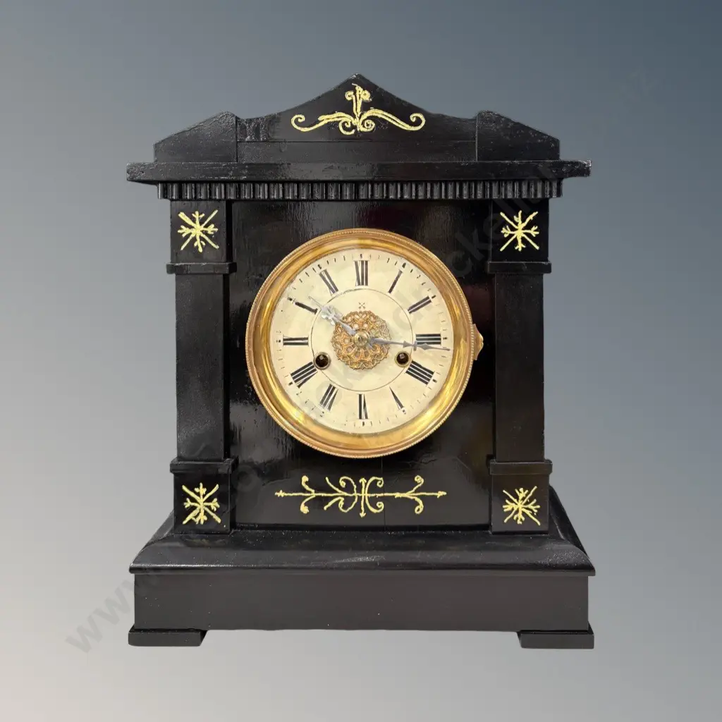Ebonised and Gilt Mantle Clock with Brass and Enamel Face H39x31cm Image 1++