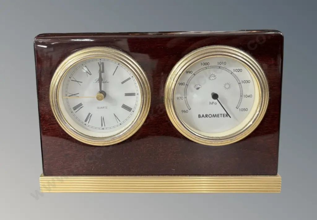 Mahogany and Brass Mantle Barometer and Clock, H12xL28cm Image 1++