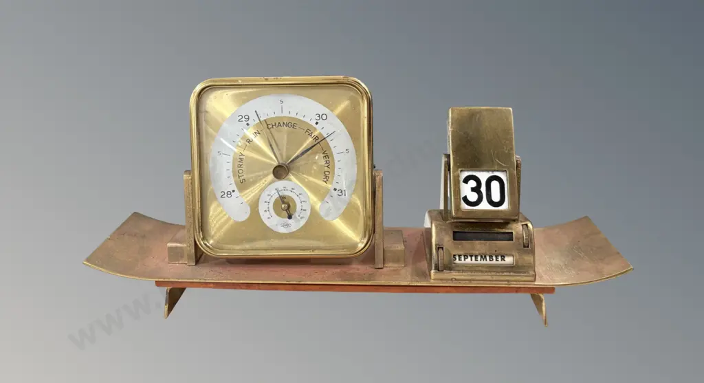 Copper and Brass Desk Calendar and Barometer, H14xL30cm Image 1++