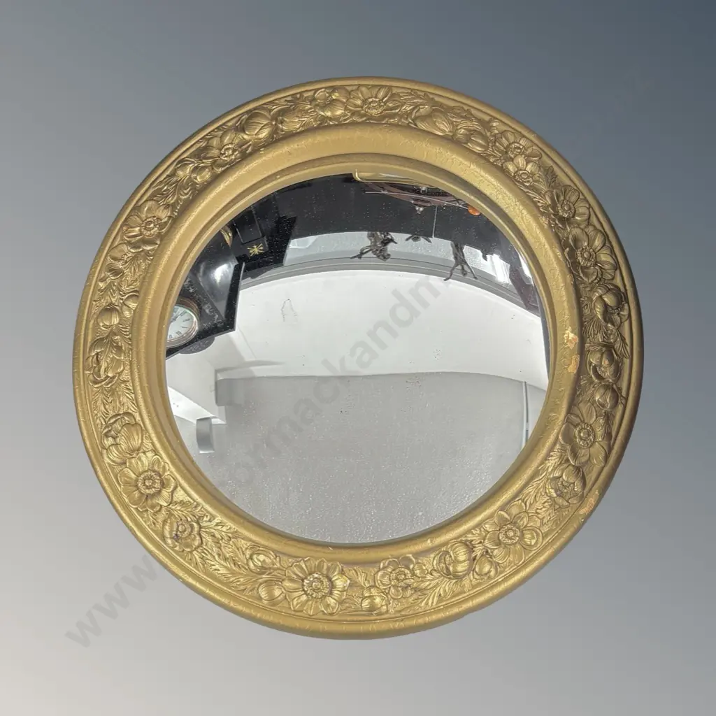  Gilt Circular Convex Wall Mirror with Floral Motifs D34cm Image 1++