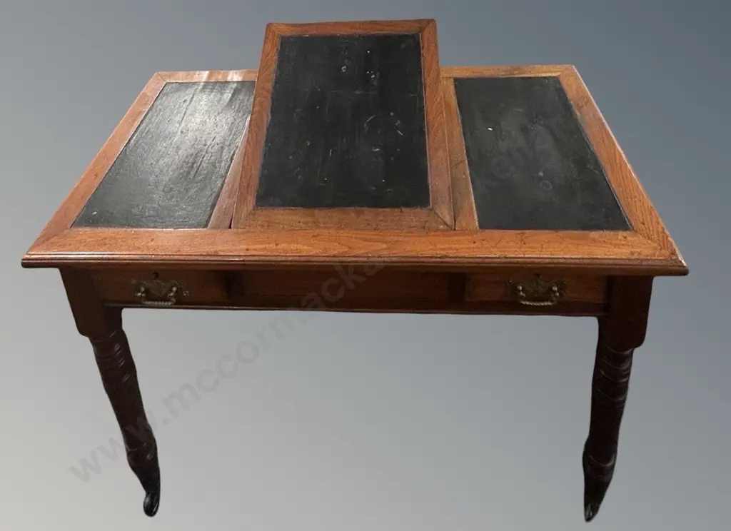 Mahogany Two Drawer Library Table with Three Paneled Leather Inlay and Central Lift Up Writing Slope L107xH75xD53cm Image 1++