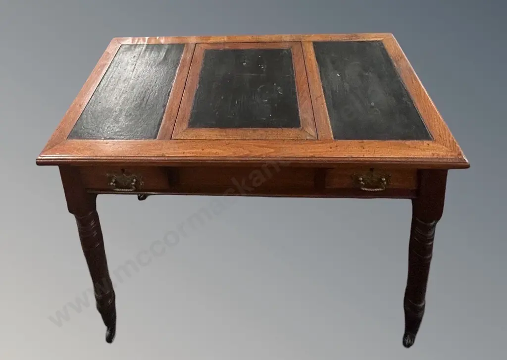 Mahogany Two Drawer Library Table with Three Paneled Leather Inlay and Central Lift Up Writing Slope L107xH75xD53cm Image 1++