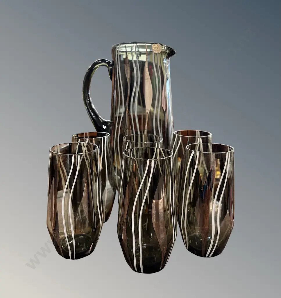 Large  Glass Pitcher and set of 6 tall Glasses with a Wavy White Pattern, Pitcher H26cm, Glasses 12cm Image 1++