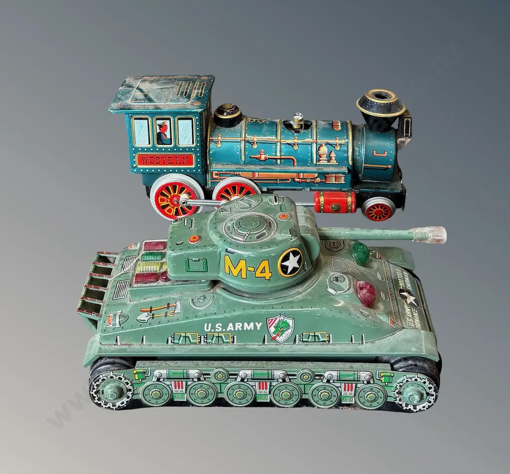 Japanese Litho Tin Toy US Army Sherman Tank, L30cm & Western Steam Engine (missing light cover) L34cm Image 1++