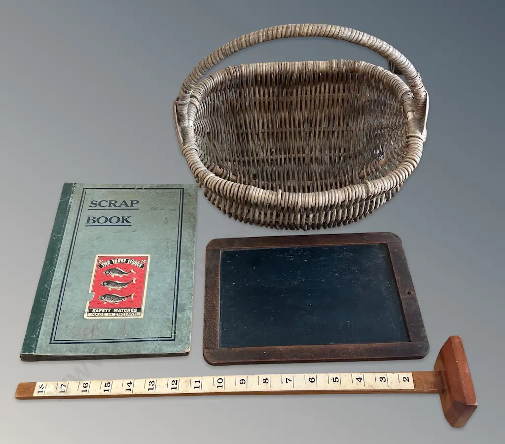 Early Wooden School Slate, Scrapbook of Matchbox Covers, Wooden Hem Measure and Cane Handled Basket Image 1++