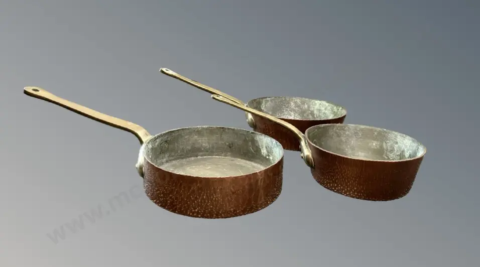 Three Copper over Iron Pans with Brass Handles Image 1++