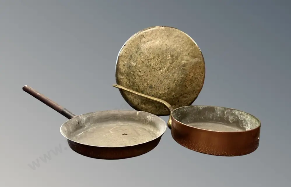 Two Copper over Iron Frying Fans and Brass Gong without Striker Image 1++