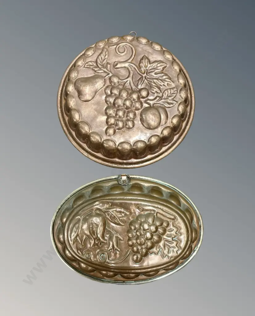 Two Large Victorian Copper Jelly Molds, Grape,Floral and Fruit Design, D29cm & L30cm Image 1++