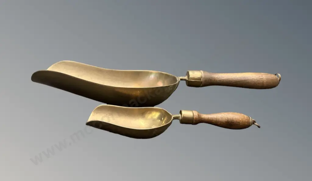 Wooden Handled Brass Scoops (2) L41cm, L20cm Image 1++