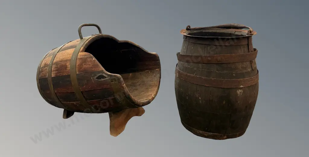 Metal Bound Oak Barrel Coal Scuttle H39xL42cm & Wooden Bucket H37xD27cm Image 1++