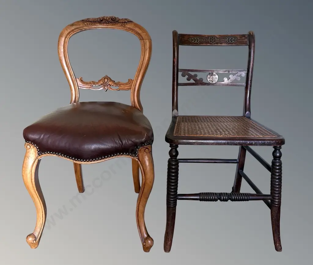 Carved Floral Back Occasional Chair with Leather Seat & Bergere Chair with Brass Inlay on Cotton Reel Legs and Stretcher Image 1++