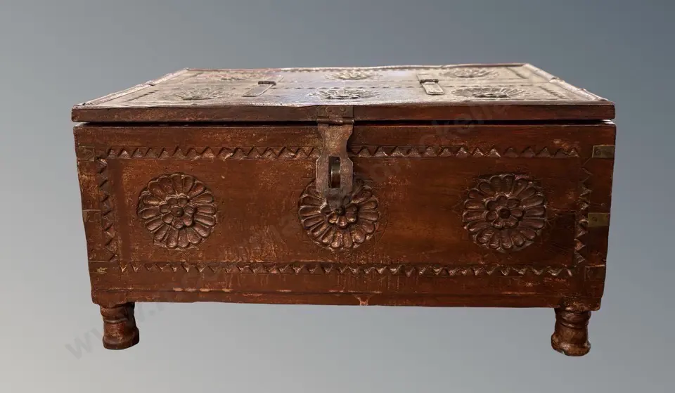 Footed Wooden Box with Carved Floral Motif and Metal Bound Hinged,H19xL38xD25cm Image 1++